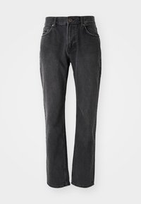 Zwarte denim jeans met een rechte pasvorm, voorzien van vijf zakken, een knoopsluiting en gestikte details langs de naden en zakken.