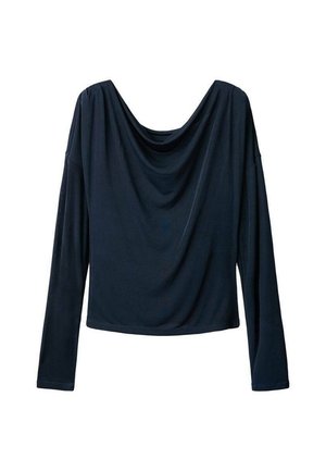 Marineblauw lange mouwen top met een gedrapeerde halslijn, gemaakt van zachte, rekbare stof; ontspannen pasvorm en gladde textuur.