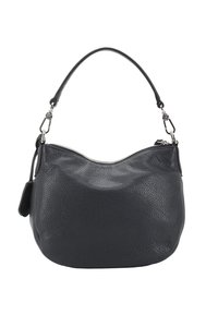 Schwarze Lederhandtasche mit strukturierter Oberfläche, rundlicher Form und einem einzelnen Schulterriemen. Verfügt über einen Reißverschluss und einen kleinen Akzentanhänger.