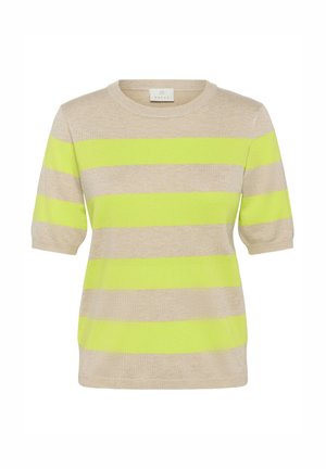 Bež pulover s kratkimi rokavi in širokimi horizontalnimi limetino zelenimi črtami ter okroglim izrezom.