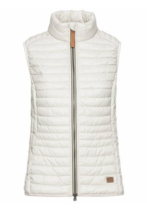 Witte puffy vest met een hoge kraag, horizontaal gestikt ontwerp, rits aan de voorkant en een bruine leren label aan de onderzijde links.