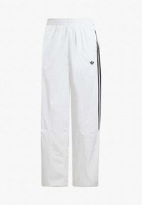 White athletic pants made of lightweight fabric, featuring black side stripes and an embroidered logo on the upper left leg.