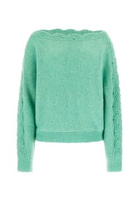 Pull en tricot vert menthe avec un col texturé et festonné, et des détails en dentelle le long des manches. Manches ajustées et coupe du corps décontractée.