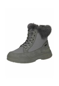 Grå høj-til ankle støvler med kunstig pelskrave, teksturerede sidepaneler, metalliske snørehuller og tykke gummisåler. Har en snørebelsdesign.