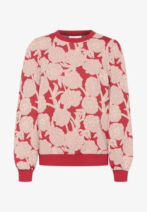 Czerwony sweter z wyszywanym kremowym wzorem kwiatowym, z prążkowanym okrągłym dekoltem i mankietami. Miękka tekstura z luźnym krojem.