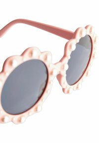 Runde solbriller med en pink plastikramme prydet med perle-lignende detaljer, grå linser og buede stænger.