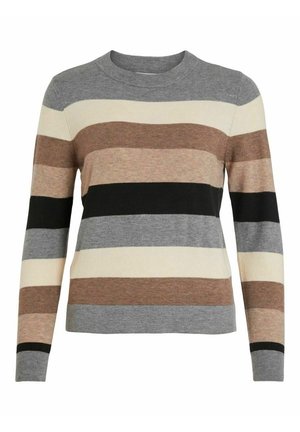 Pull en maille à manches longues avec des rayures horizontales grises, beige, marron, noir et crème, col rond.