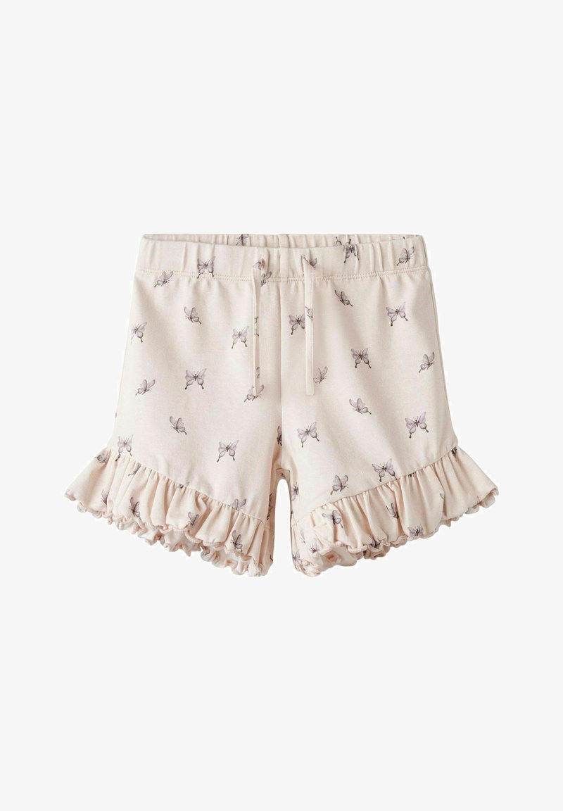 Svijetloroze kratke hlače s naboranim rubom, ukrašene uzorkom malih leptira u sivoj boji. Izrađene od mekog, udobnog materijala s elastičnom gumicom u struku.