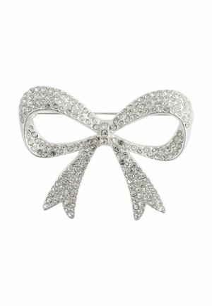 Silver bow-shaped brooch adorned with clear rhinestones, featuring a smooth metallic finish and pointed tails for a decorative accent.