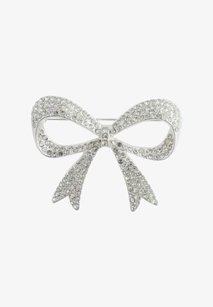 Silver bow-shaped brooch adorned with clear rhinestones, featuring a smooth metallic finish and pointed tails for a decorative accent.