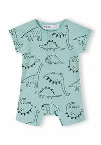 Svijetloplavi romper za male dječake s printovima crnih karikaturnih dinosaura, kratkim rukavima, dugmićima na dnu i ugodnim pamučnim materijalom.