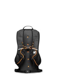 Schwarzer Rucksack mit strukturiertem Oberflächen, orangefarbenen Akzenten, verstellbaren Trägern und einem zentralen Schnallenverschluss für sicheren Halt.