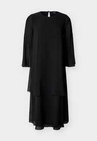 Μαύρο μακρυμάνικο φόρεμα με στρώσεις, διαφανή μανίκια και τελείωμα, στρογγυλή λαιμόκοψη και κλείσιμο με κουμπί και άνοιγμα στην πλάτη.