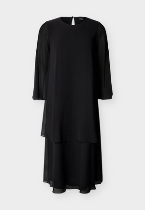 Rochie neagră cu mâneci lungi stratificate, mâneci și tiv din material transparent, decolteu rotund și închidere cu nasture tip cheiță la spate.