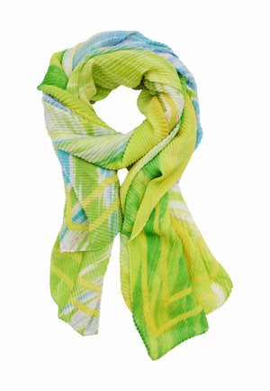 Lightweight pleated scarf with green, yellow, blue, and white abstract patterns, loosely looped on a white background.