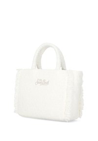 Sac fourre-tout blanc tissé avec bords effilochés, deux poignées supérieures et logo « Saint Barth » en beige. Texture douce et forme rectangulaire.