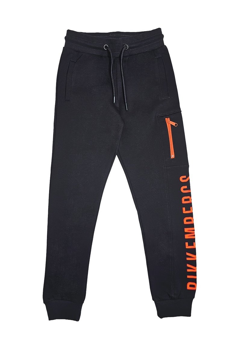 Pantaloni jogging neri con vita regolabile tramite cordino, tasche laterali e una tasca con zip arancione. Presenta una scritta arancione sulla gamba sinistra.