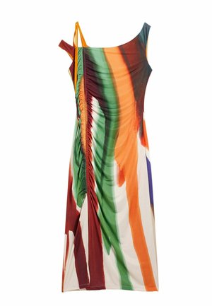 Vícebarevné šaty s pruhy v zelené, oranžové a červené barvě, s řasením na boku a tenkými oranžovými ramínky. Vyrobené z lehké látky.