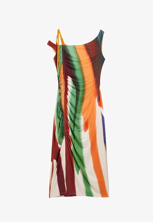 Mitmevärviline kleit, millel on rohelised, oranžid ja punased triibud, külgedel voltimise detail ning õhukesed oranžid rihmad. Valmistatud kergest kangast.