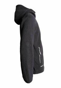 Svart fleece hoodie med en dragkedjeficka på vänster sida, ett rymligt huva och en slät textur.