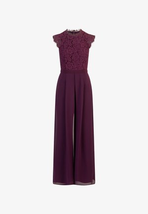 Plum jumpsuit with a lace bodice, short sleeves, and a pleated chiffon skirt, featuring a fitted waist and high neckline.