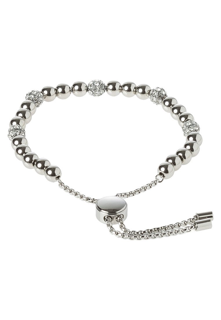 Srebrna bransoletka z naprzemiennymi, polerowanymi, sferycznymi koralikami i elementami z kryształkami, z mechanizmem regulacji długości na łańcuszku.