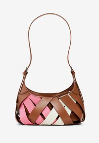 Brown leather handbag with woven pink and white leather accents, curved shape, slim shoulder strap, and smooth texture.