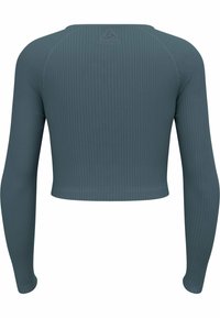 Rippenshirt mit langen Ärmeln in gedämpftem Petrol. Hat einen runden Ausschnitt, enganliegende Ärmel und ein dezentes Logo-Detail auf der Rückseite.