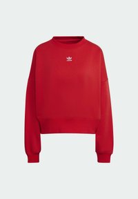 Rode sweatshirt met een geribde ronde hals, lange mouwen en een cropped design. Heeft een klein wit Adidas-logo op de borst. Zachte stoftextuur.