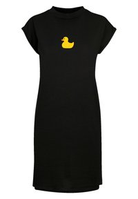 Schwarzes kurzes Kleid mit kurzen Ärmeln, Rundhalsausschnitt und einem gelben Gummi-Enten-Graphic auf der Brust. Glattes Material, knielanger Schnitt.