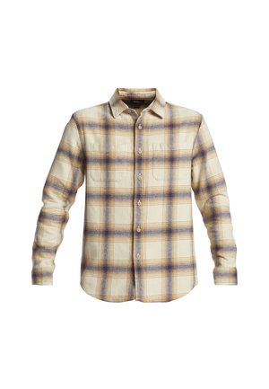 Geel en paarse geruite knoopshirt met een kraag, lange mouwen, twee borstzakken en een zachte, textuurstof.