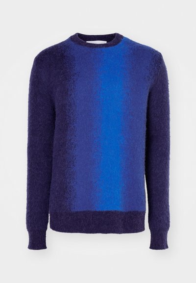 Blau-lila Farbverlauf Pullover mit Rundhalsausschnitt, aus strukturiertem Stoff. Hat lange Ärmel und einen gerippten Saum.