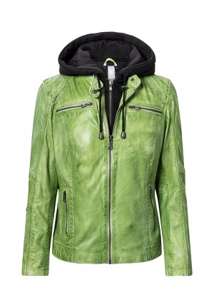 Green leather jacket with front zipper, two chest zip pockets, two side zip pockets, and attached black fabric hood with drawstrings.