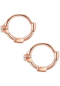 Uhani iz roza zlata v obliki obroča z gladko površino, ki vključujejo detajle kljuke in majhne prozorne dragulje, integrirane v oblikovanje.