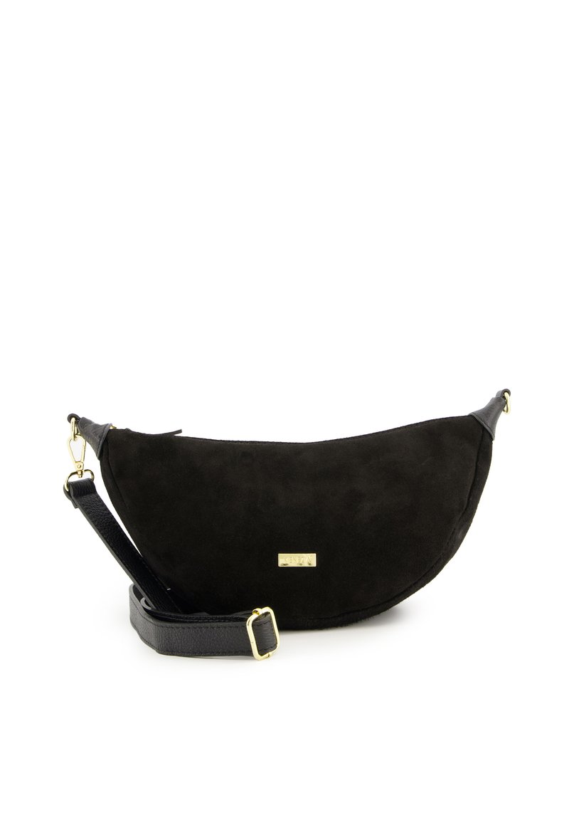 Black suede handbag with a curved shape, featuring a leather strap and gold-tone hardware accent. Smooth texture with minimal detailing.
