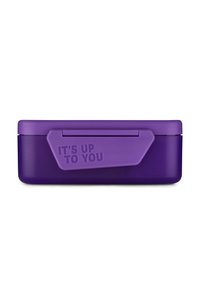 Purple plastic lunchbox with a rectangular shape, featuring a prominent lid latch. Inscription “IT'S UP TO YOU” on the side. Smooth texture.