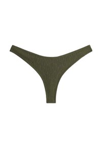 Bas de bikini pour femme vert olive texturé avec un motif subtil d'imprimé animal, coupe taille basse et côtés étroits sur fond blanc.