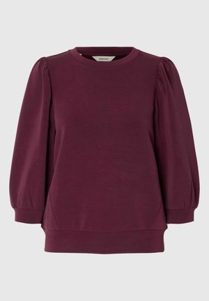 Burgundské sweatshirt s kulatým výstřihem, nadýchanými dlouhými rukávy a texturovaným povrchem. Obsahuje žebrovaný lem a manžety. Jednoduchý design.