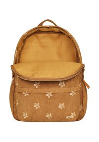Brown corduroy backpack with golden flower embroidery, zippered closure, and a large main compartment. Inner lining is a solid mustard color.