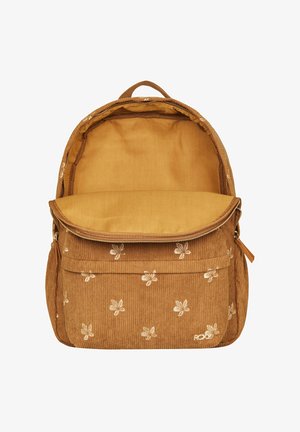 Brown corduroy backpack with golden flower embroidery, zippered closure, and a large main compartment. Inner lining is a solid mustard color.