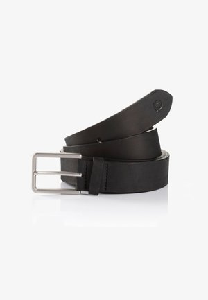 Black leather belt with a silver rectangular metal buckle, smooth texture, and side stitching detail.  Adjustable fit with punched holes.