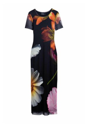 Floral maxi dress with short sleeves. Black base displays large, colorful flower prints in shades of pink, orange, and white on a smooth fabric.