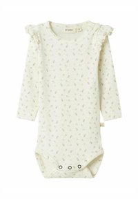 Långärmad baby bodysuit i mjukt krämfärgat ribbat tyg, med små blommönster, volangdetaljer på axlarna och tryckknappar i nederkant.