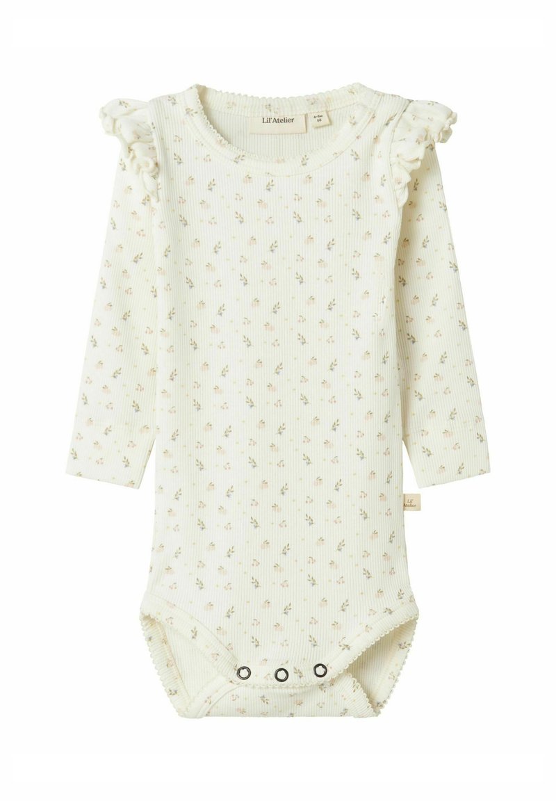 Långärmad baby bodysuit i mjukt krämfärgat ribbat tyg, med små blommönster, volangdetaljer på axlarna och tryckknappar i nederkant.