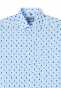 Hellblaues Hemd zum Knöpfen mit kleinem blauem Paisley-Muster, feinen Streifen und angenehm lockerem Schnitt. Es hat weiße Knöpfe und einen spitzen Kragen.