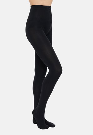 Czarne, nieprzezroczyste rajstopy z wysokim stanem i gładką strukturą. Posiadają projekt w pełnej długości, sięgający do palców.