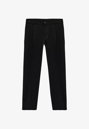 Black trousers with a smooth texture, featuring pleats, a buttoned waist, and side pockets. Designed for a tailored fit.