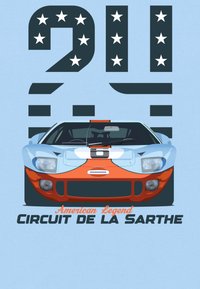 Grafika zobrazující modré závodní auto s oranžovým pruhem, obrysové proti velkým písmenům a hvězdám, s popiskem "Americká legenda Circuit de la Sarthe."