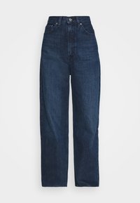 Jeans de cintura alta e perna reta feitos de denim escuro. Apresenta design clássico de cinco bolsos, fecho de botão metálico e costura em contraste.
