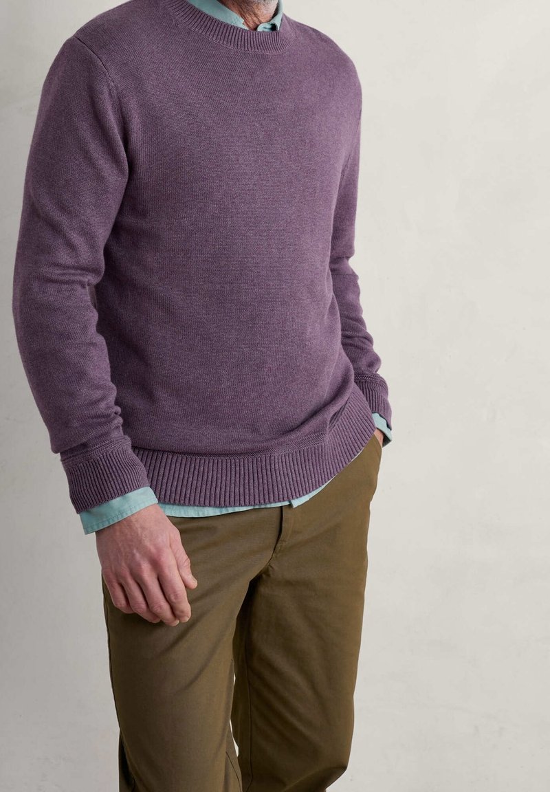Maglione a girocollo viola realizzato in materiale morbido, con polsini e orlo a coste, indossato sopra una camicia colletto azzurro chiaro, abbinato a pantaloni marroni.